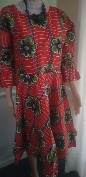 Ankara knee length dress in african print, Red multi  dress 14/16 size uk